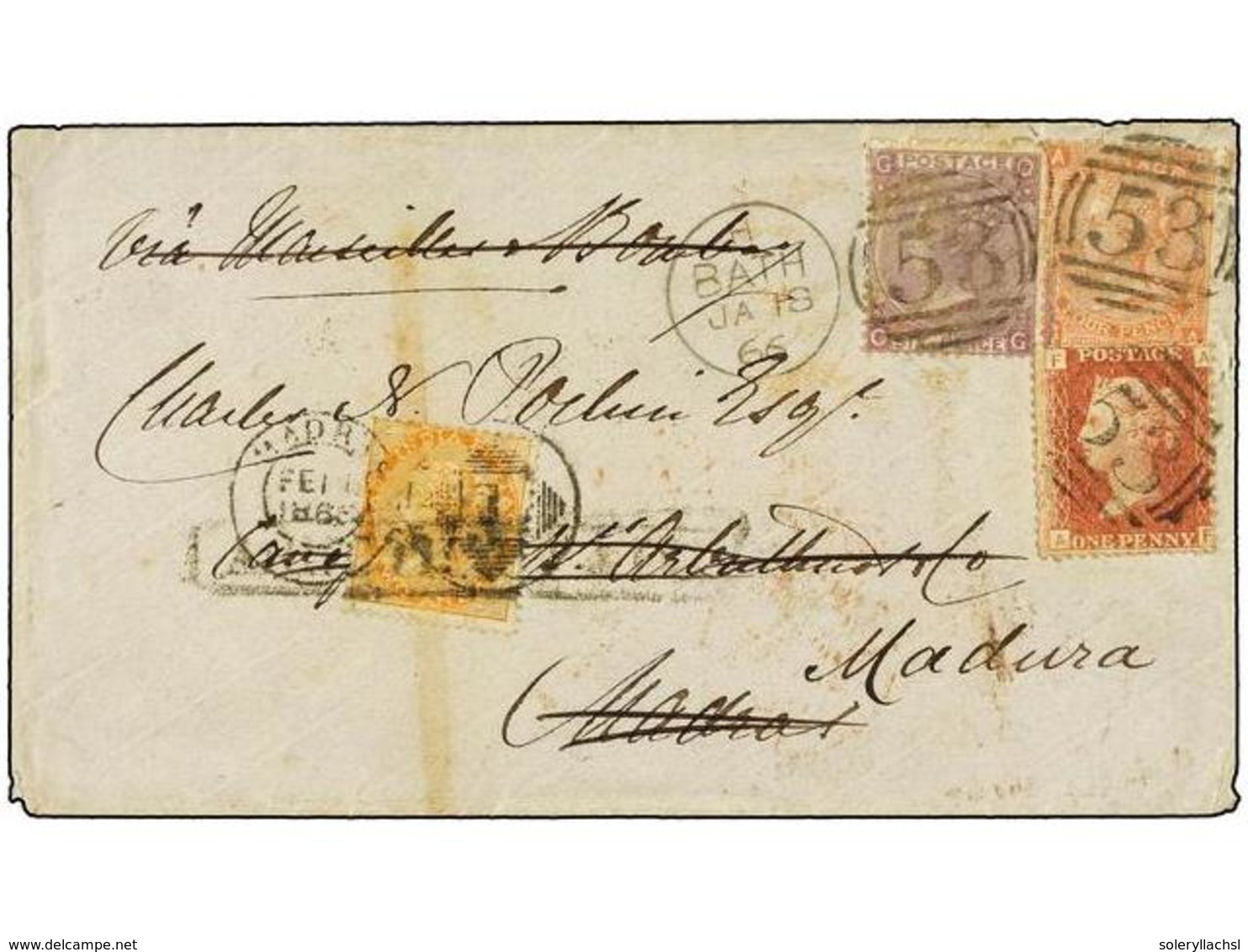 759 INDIA. 1866. BATH (Great Gritain) To MADRAS (India). <B>4 P.</B> Orange And <B>6 P.</B> Lilac And <B>1 P.</B> Red (l - Sonstige & Ohne Zuordnung