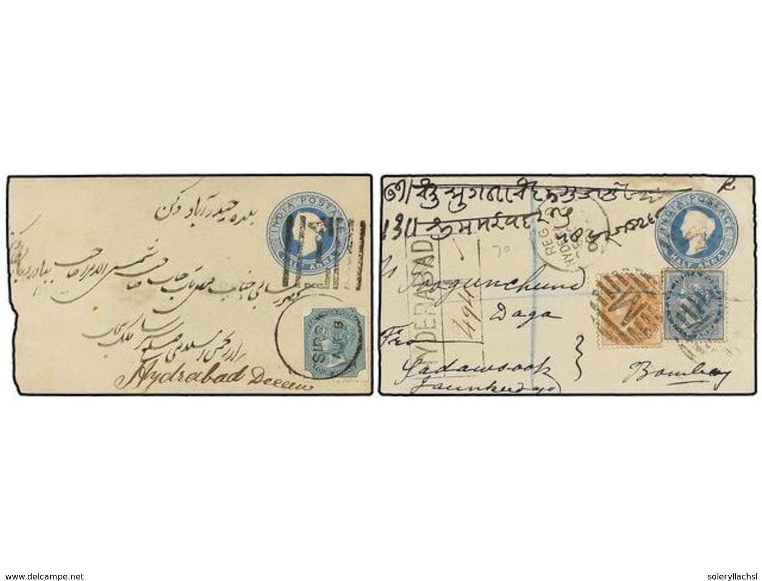 763 INDIA INGLESA. 1879. Two Postal Stationary Envelopes Uprated <B>4 Annas</B> And <B>1/2+2 Annas</B> Send Registered. - Andere & Zonder Classificatie