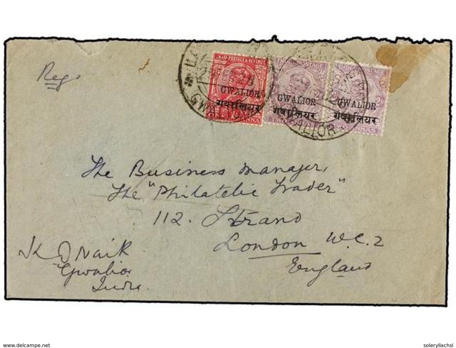 767 INDIA INGLESA. 1928. GWALIOR To LONDON. <B>1 An. </B>and<B> 2 An.</B> (2) Ovpr. <B>GWALIOR</B> Sent Registered. - Other & Unclassified