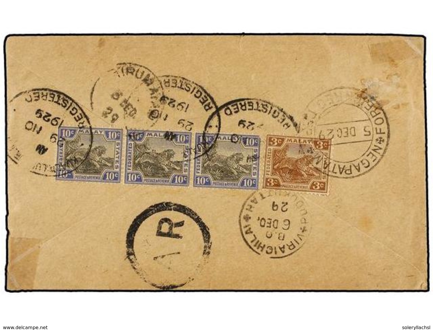 779 MALAYA. 1929. NEGAPATAM To INDIA Franked On Reverse With <B>3 Cts.</B> And <B>10 Cts.</B> (3) (one Fault) Stamps, Re - Autres & Non Classés