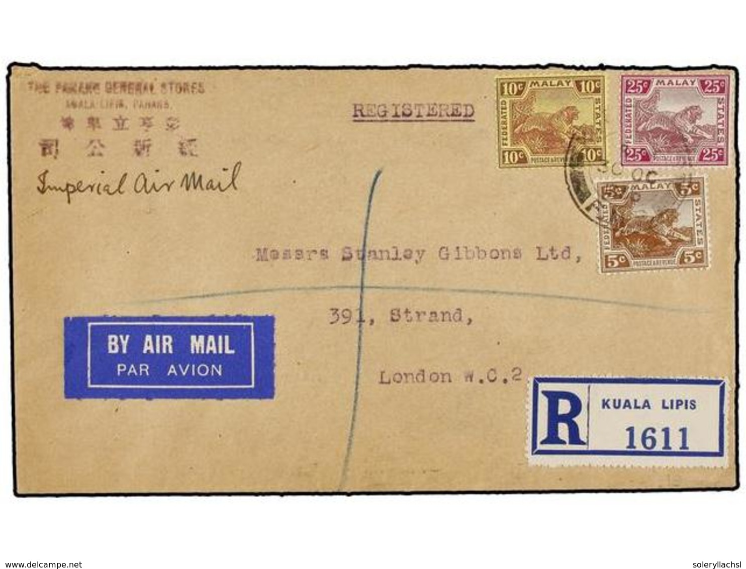 781 MALAYA. 1935. KUALA LIPIS To LONDON. <B>5 Cts.</B>, <B>10 Cts.</B> And <B>25 Cts.</B> Sent Registered. - Autres & Non Classés