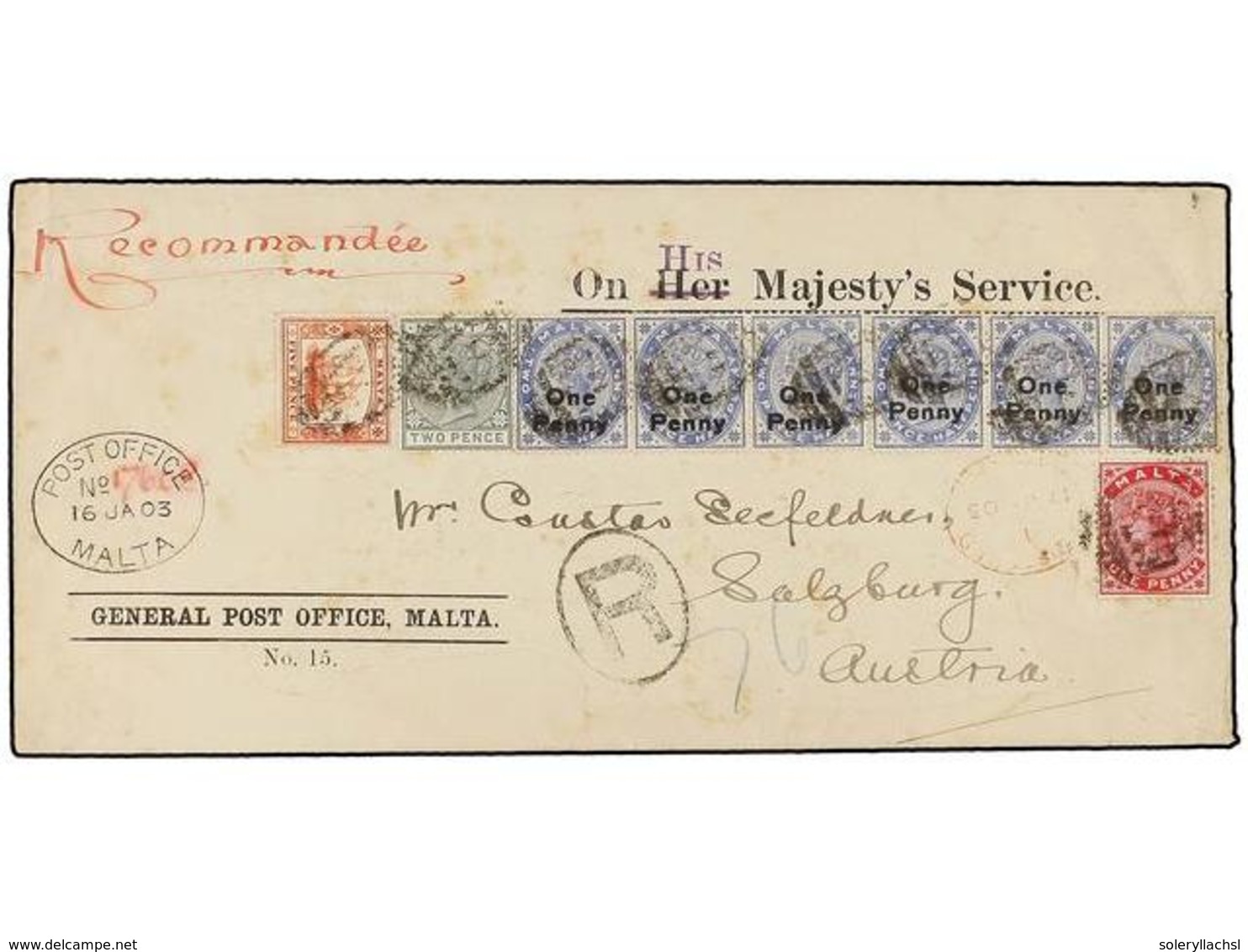 785 MALTA. 1903. MALTA To AUSTRIA. <B>1 D., 1 D. On 2 D.</B> (6), <B>2 D.</B> And <B>5 D.</B> Sent Registered Unusual Fr - Sonstige & Ohne Zuordnung