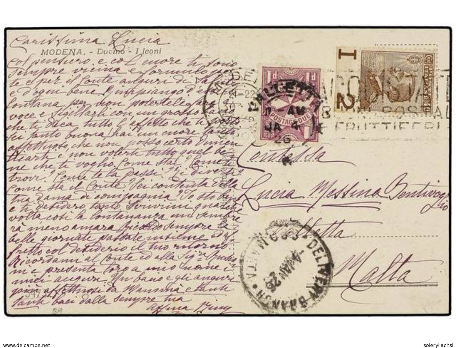 786 MALTA. 1926. MODENA To VALETTA (Malta). Postcard Franked With Italian <B>40 Cts.</B> Stamp Taxed On Arrival With Mal - Andere & Zonder Classificatie