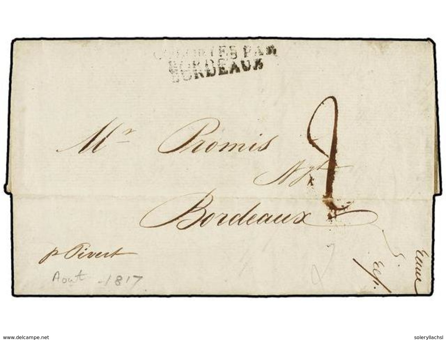 794 MAURICIO. 1817 (August 7). PORT LOUIS To BORDEAUX. Entire Letter With <B>COLONIES PAR/BORDEAUX</B> Entry Mark (salle - Andere & Zonder Classificatie