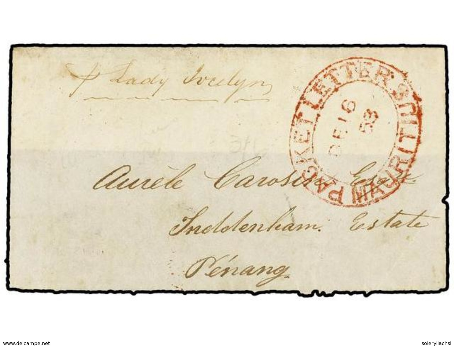 808 MAURICIO. 1853. FRONT ONLY To PENANG (Malaya). Endorsed <I>'p. Lady Jocelyn'</I> And Oval <B>PACKET LETTER/MAURITIUS - Other & Unclassified