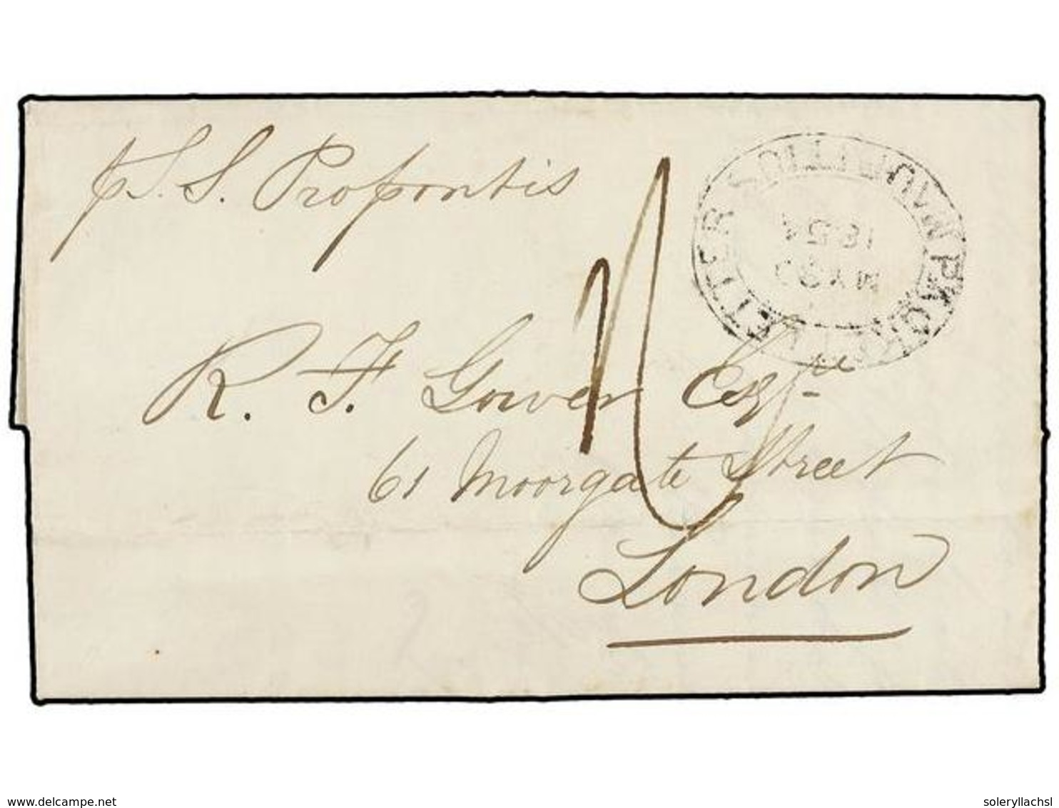 809 MAURICIO. 1854. MAURITIUS To LONDON. Entire Letter Endorsed <I>'p. S.S. Propontis'</I> Black Oval <B>PACKETT LETTER/ - Autres & Non Classés