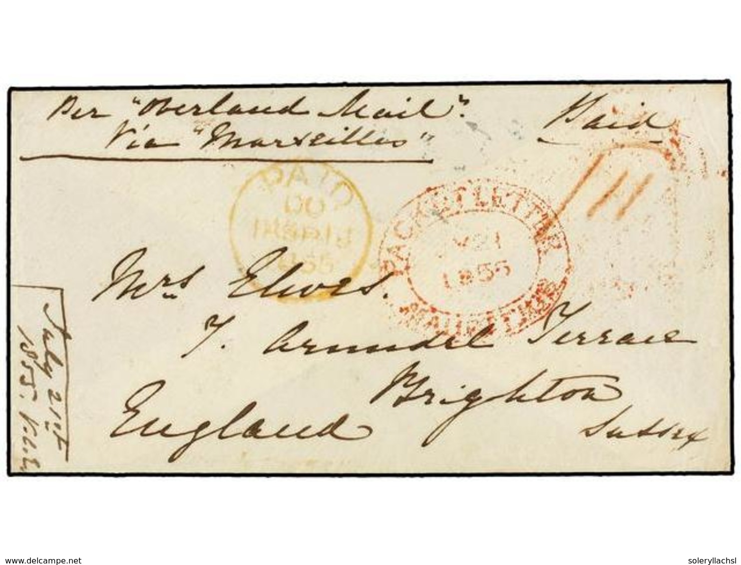 810 MAURICIO. 1855. MAURITUS To ENGLAND. Envelope Endorsed <I>'Per Overland Mail Via Marseille'</I>. Red Oval <B>PACKET  - Autres & Non Classés