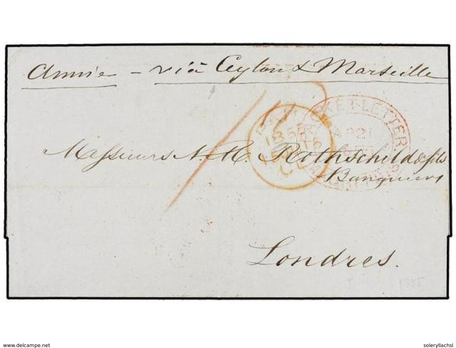 811 MAURICIO. 1855. MAURITIUS To LONDON. Folded Letter, Endorsed <I>'Ammie, Via Ceylon And Marseille'</I>, Red Oval <B>P - Autres & Non Classés