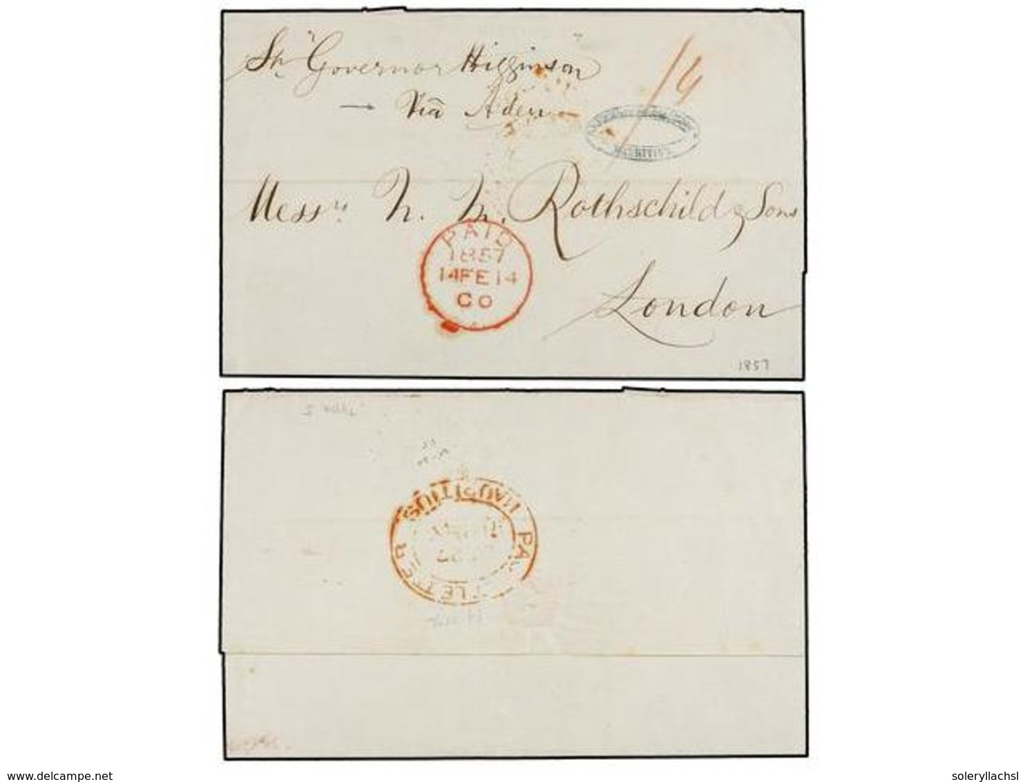 812 MAURICIO. 1857. MAURITIUS To LONDON. Folded Letter, Endorsed <I>'Governor Higginson, Via Aden'</I>, On Reverse Red O - Autres & Non Classés