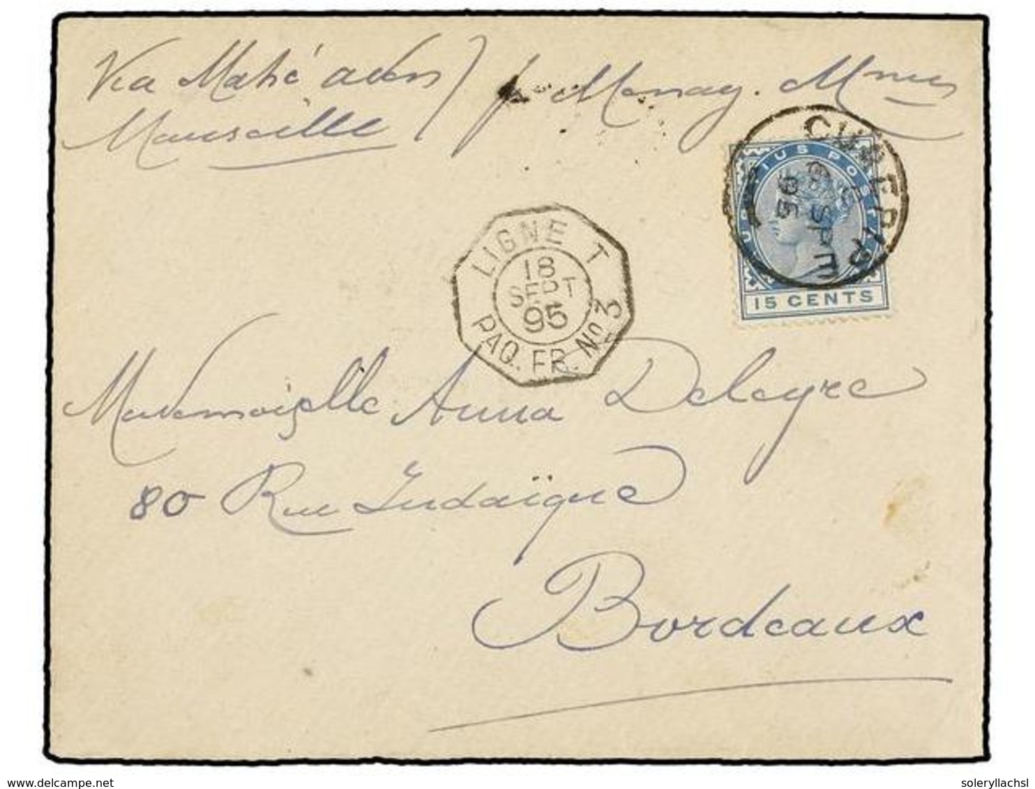 813 MAURICIO. Sg.108. 1895. CUREPIPE To FRANCE. Envelope Franked With <B>15 Cents.</B> Blue Tied By <B>CUREPIPE</B> Cds  - Autres & Non Classés