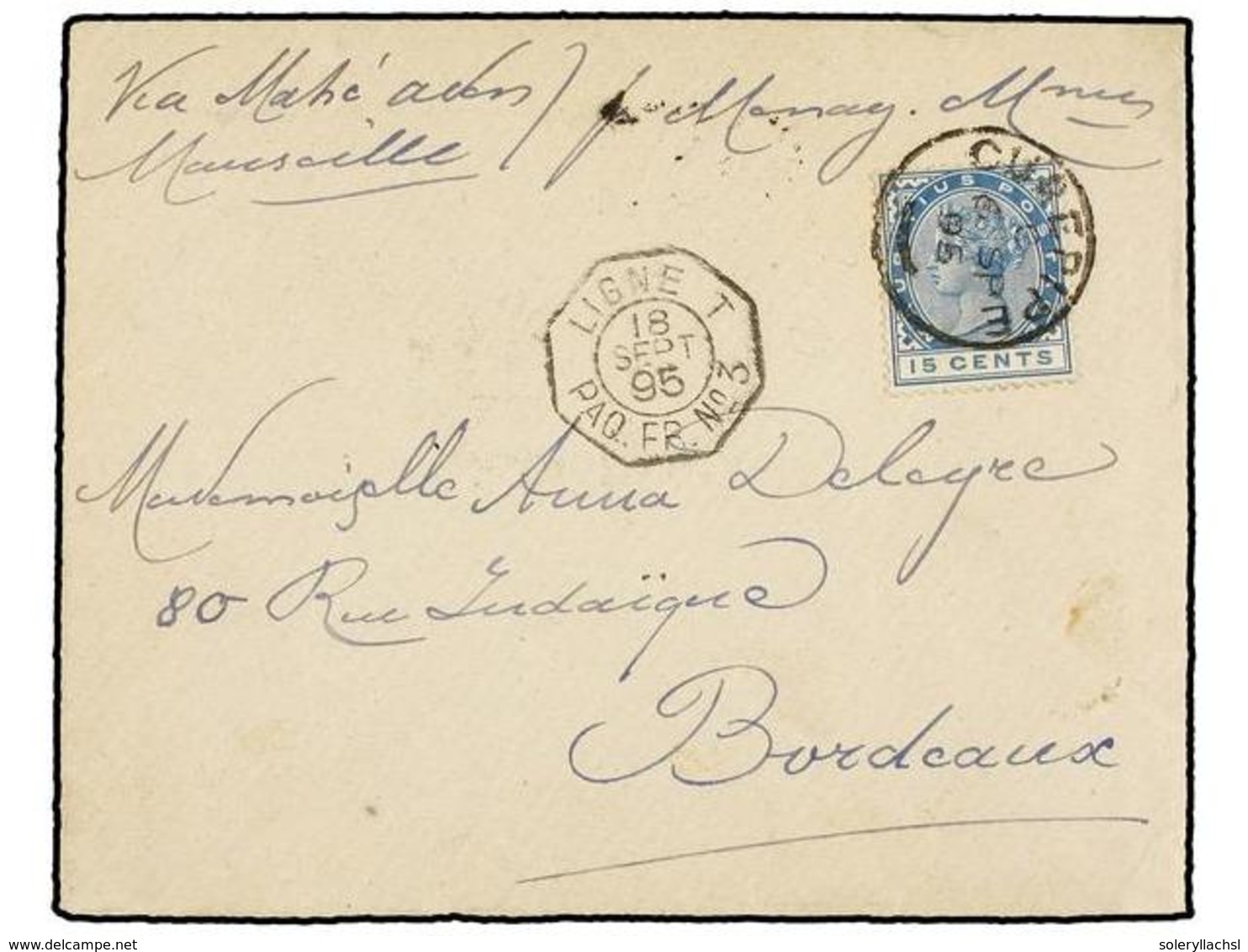 813 MAURICIO. Sg.108. 1895. CUREPIPE To FRANCE. Envelope Franked With <B>15 Cents.</B> Blue Tied By <B>CUREPIPE</B> Cds  - Sonstige & Ohne Zuordnung