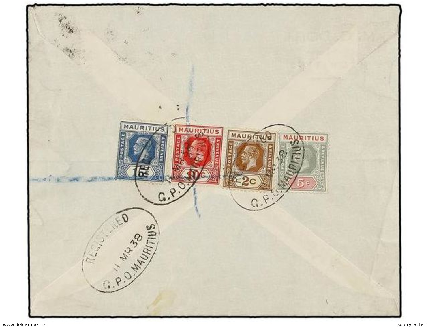 817 MAURICIO. 1938. MAURITIUS To LONDON. <B>2 Cts., 5 Cts., 10 Cts.</B> And <B>15 Cts.</B> Sent Registered. - Autres & Non Classés