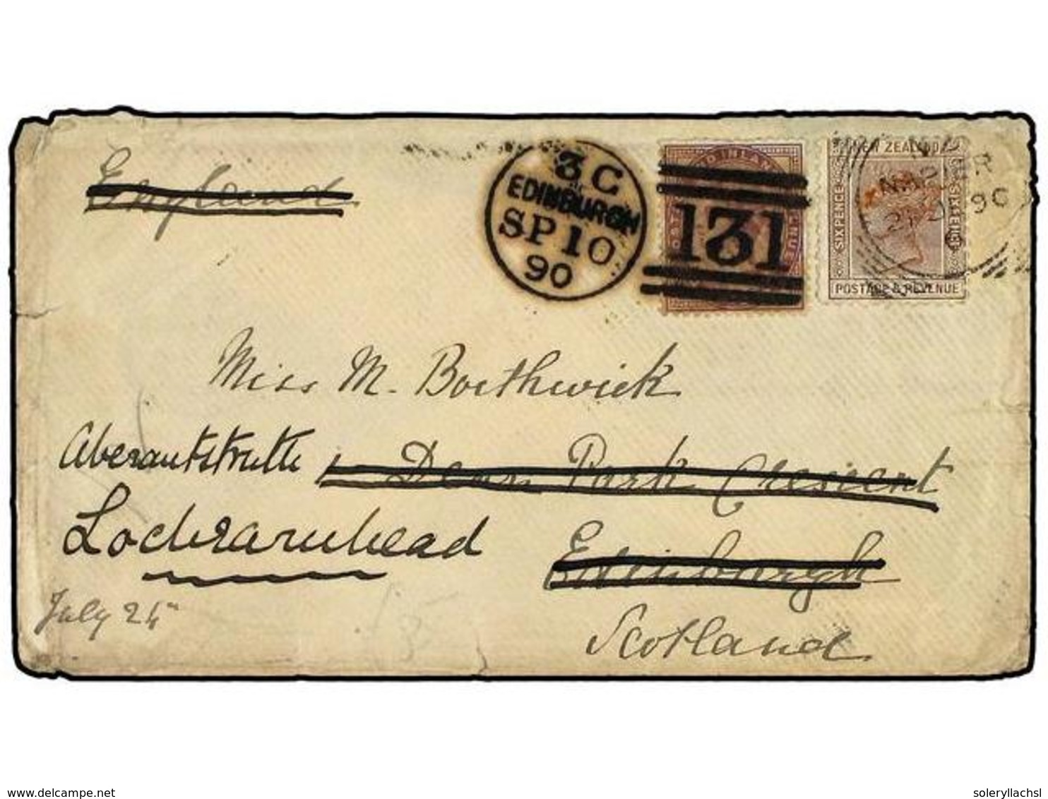 823 NUEVA ZELANDA. 1890 (July 21). Cover To SCOTLAND Bearing 1882 <B>6 D.</B> Brown Tied <B>NAPIER</B> Squared Circle Da - Sonstige & Ohne Zuordnung