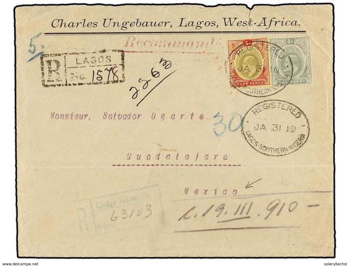 827 NIGERIA. Sg.33, 38. 1910. LAGOS To MEXICO.<B> 1/2 D.</B> And <B>4 D.</B> Registered Cover, Rare Destination Arrival  - Altri & Non Classificati