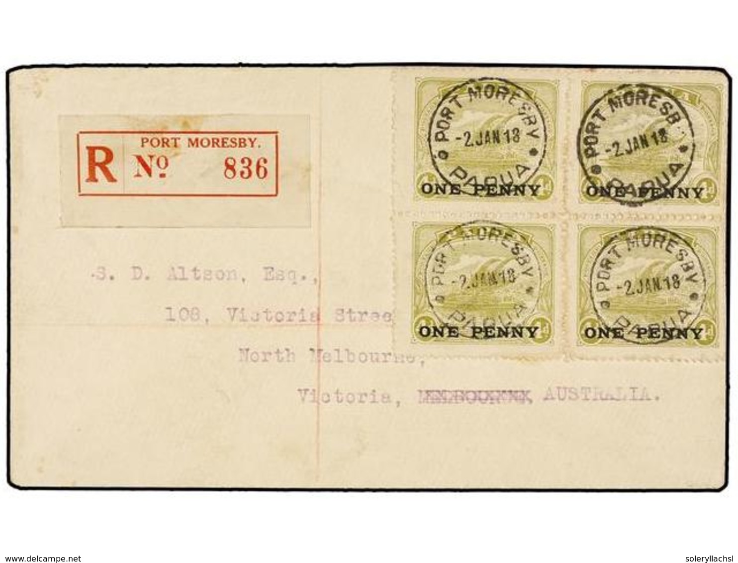 833 PAPUA Y NUEVA GUINEA. 1918. PORT MORESBY To VICTORIA (Australia) Franked With Provisional <B>1 Penny</B> <B>on 4 Pen - Andere & Zonder Classificatie