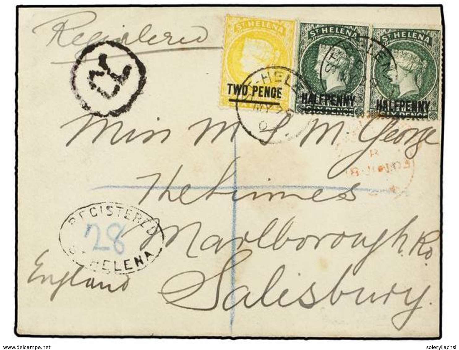 836 SANTA HELENA. 1903. ST. HELENA To ENGLAND. Registered Envelope Franked By <B>1/2 P.</B> (2) And <B>2 P.</B> With Arr - Sonstige & Ohne Zuordnung