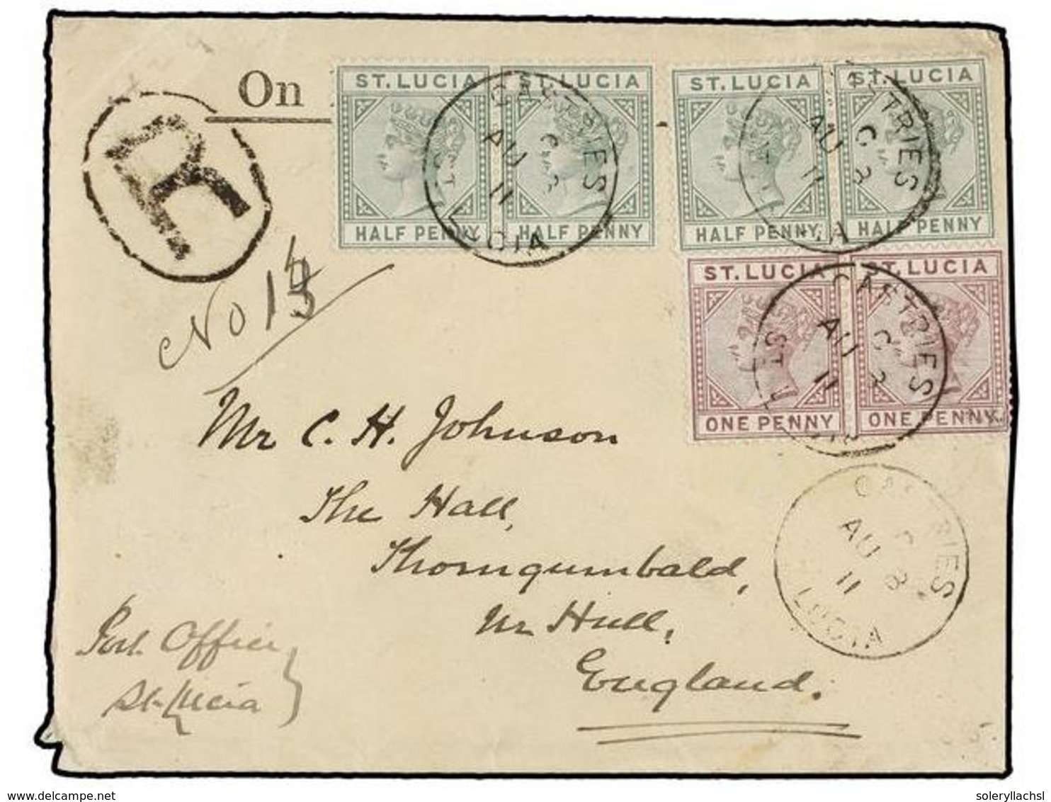 837 SANTA LUCIA. 1911. CASTRIES To ENGLAND. <B>1/2 D.</B> Green (4) And <B>1 P.</B> Lilac (2) Arrival Cds On Reverse. - Other & Unclassified