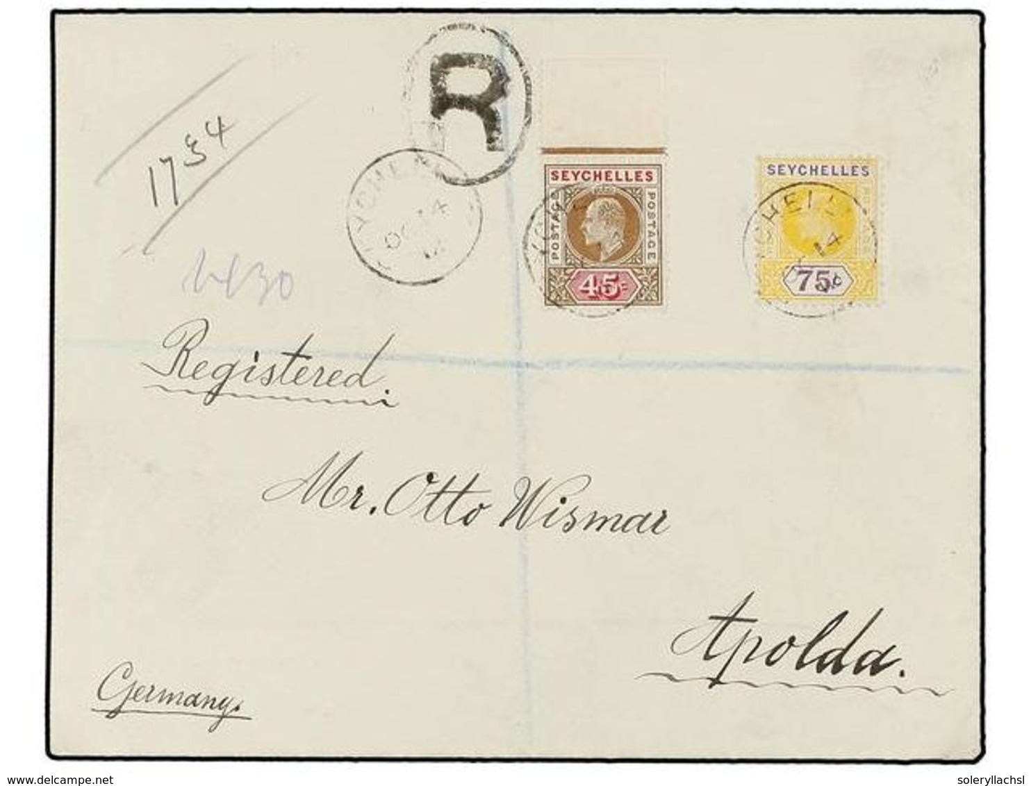 841 SEYCHELLES. Sg.67, 68. 1912. SEYCHELLES To GERMANY. <B>45 Cts. </B>and <B>75 Cts.</B> Arrival On Reverse. Rare Hight - Sonstige & Ohne Zuordnung