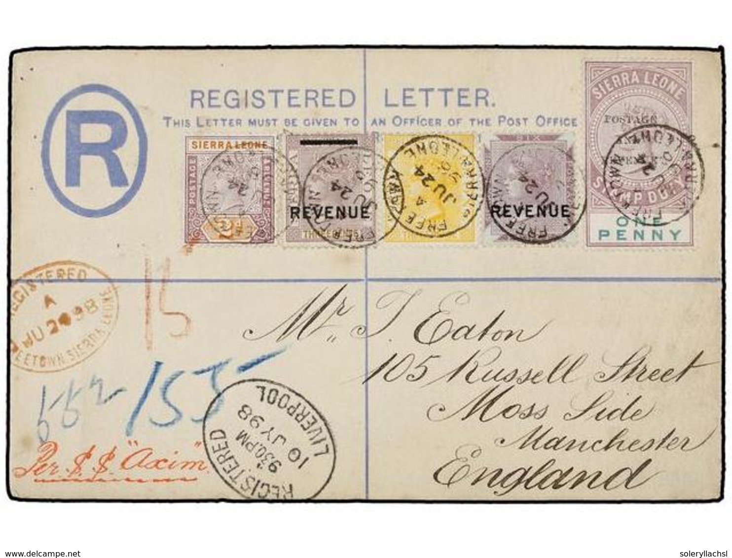 843 SIERRA LEONA. 1898. FREETOWN To ENGLAND. Registered Postal Stationary Envelope Uprated With <B>1 D., 2 D., 3 D.</B>  - Sonstige & Ohne Zuordnung