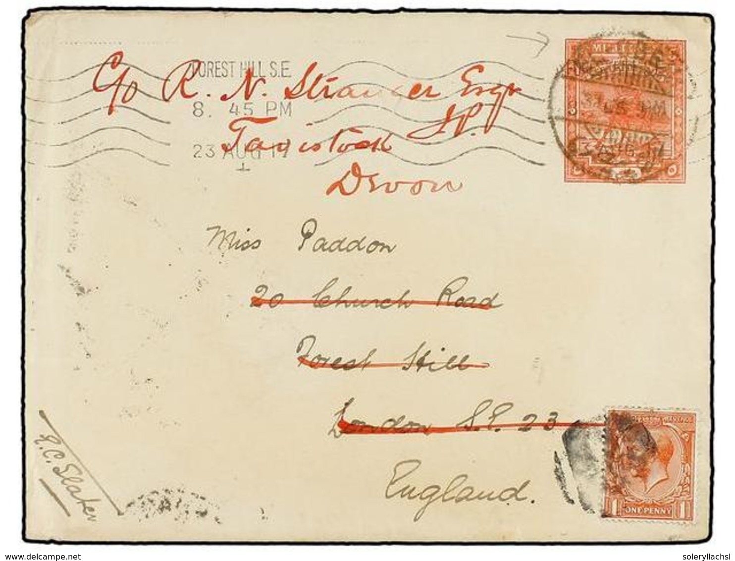 845 SUDAN. 1917. EL UBEIN To ENGLAND. <B>5 Mils.</B> Postal Stationary Envelope Redirected In GB With <B>1 D.</B> Red St - Autres & Non Classés