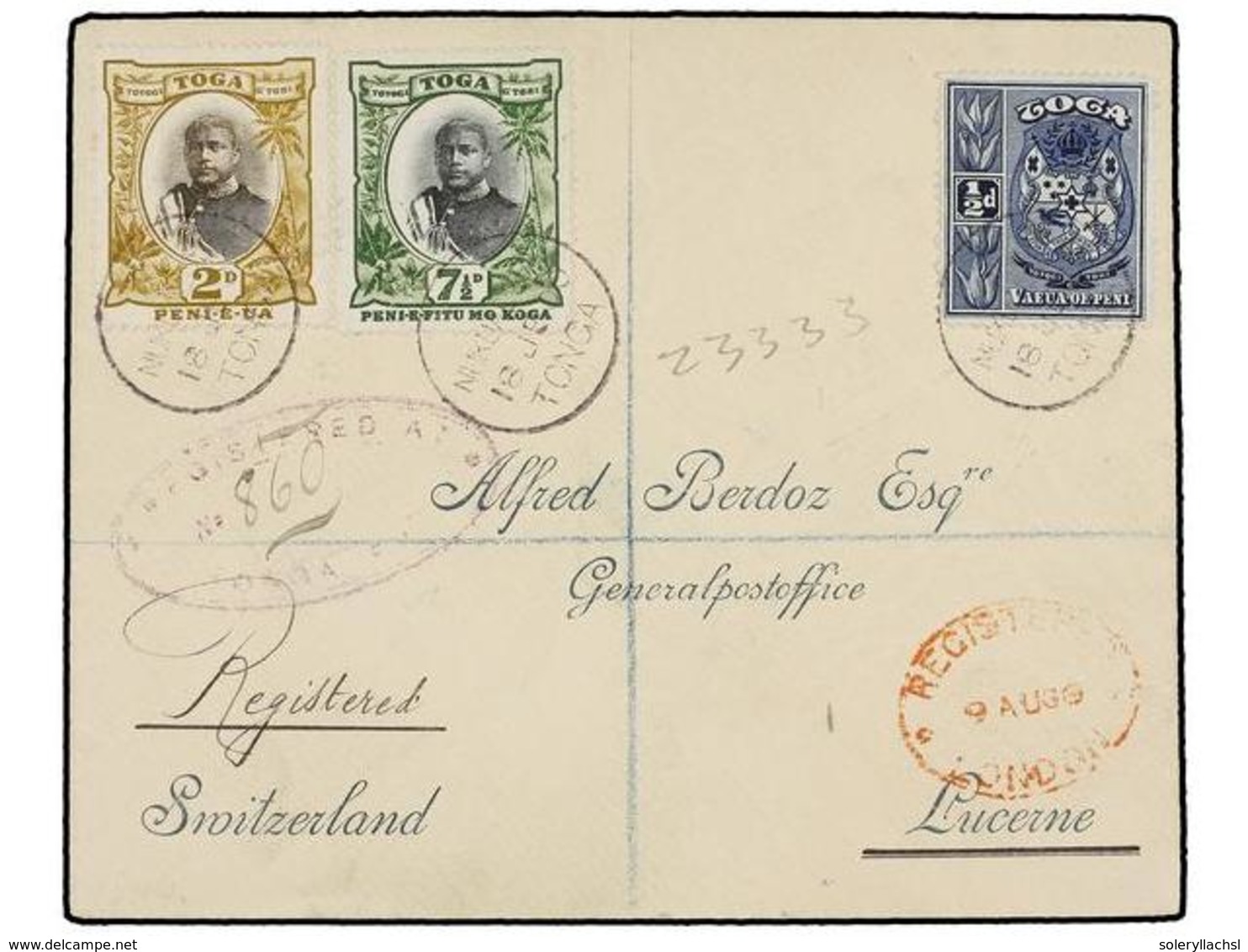 850 TONGA. Sg.38, 41, 48. 1900. TONGA To SWITZERLAND. <B>1/2 D.</B>, <B>2 D.</B> And <B>7 1/2</B> Stamps, Arrival Cds On - Other & Unclassified