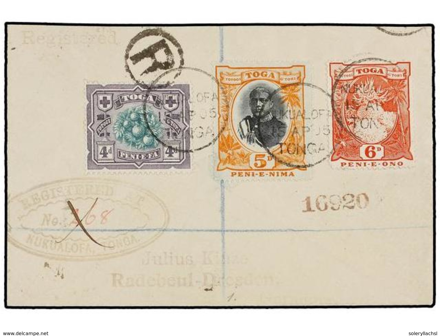 855 TONGA. Sg.45/47. 1905. NUKUALOFA To GERMANY. <B>4 D., 5 D.</B> And <B>6 D.</B> Stamps, Arrival On Reverse. - Other & Unclassified