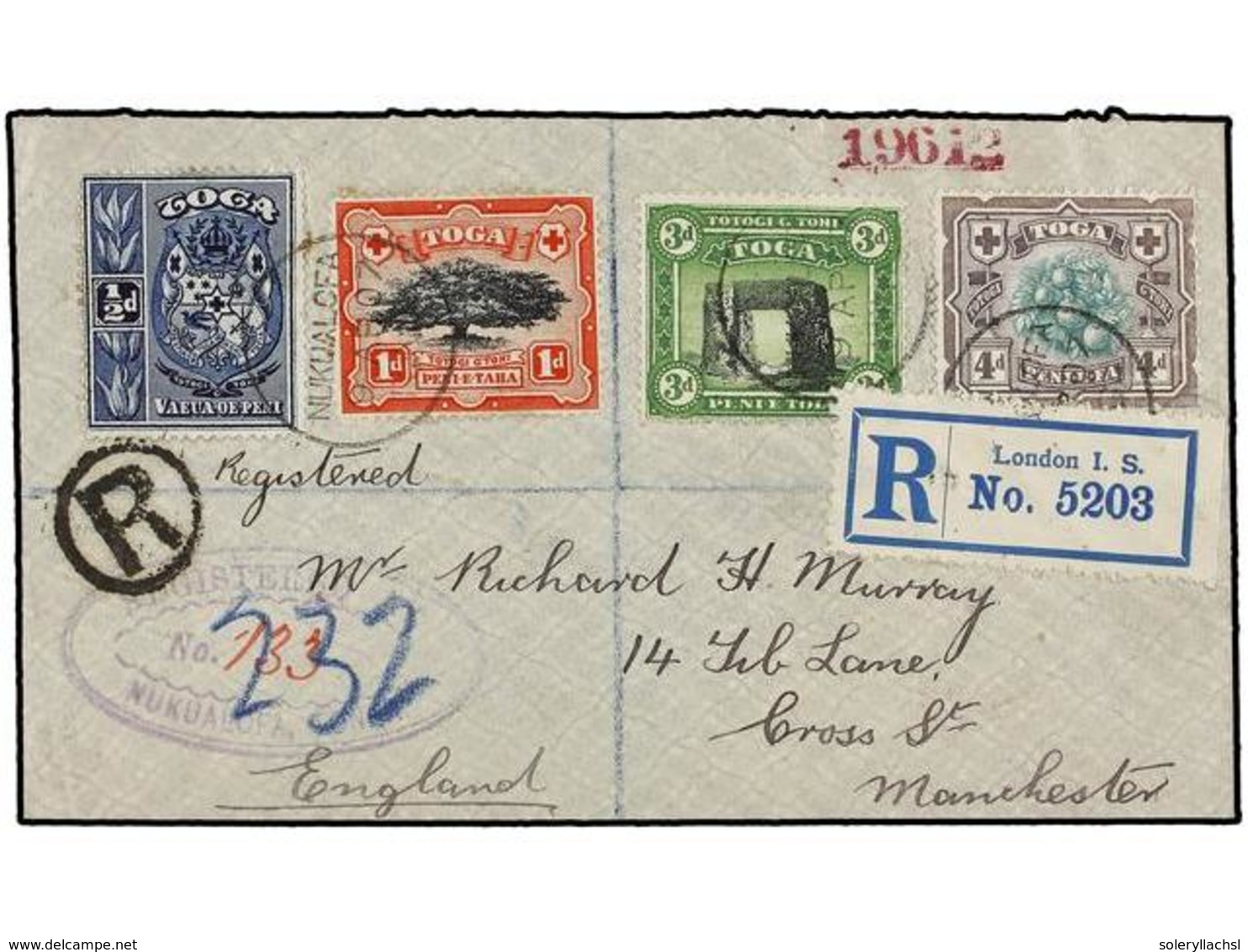 856 TONGA. Sg.38/39, 44/45. 1907. NUKUALUFA To GREAT BRITAIN. <B>1/2 D., 1 D., 3 D.</B> And <B>4 D.</B> Stamps Arrival C - Autres & Non Classés