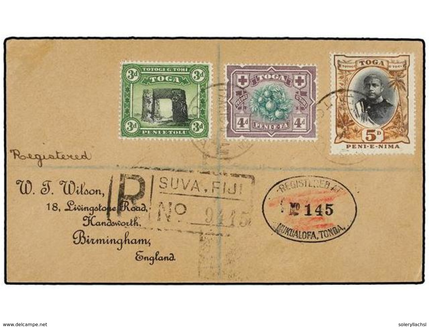863 TONGA. Sg.44/46. 1916. NUKUALOFA To GREAT BRITAIN. <B>3 D., 4 D.</B> And <B>5 D.</B> Stamps, Arrival Cds On Reverse. - Sonstige & Ohne Zuordnung
