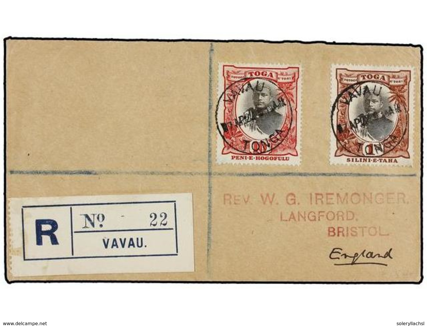 866 TONGA. Sg.49, 50. 1922. VAVAU To GREAT BRITAIN. <B>10 D.</B> And <B>1 Sh.</B> Stamps, Transit US On Reverse. - Andere & Zonder Classificatie