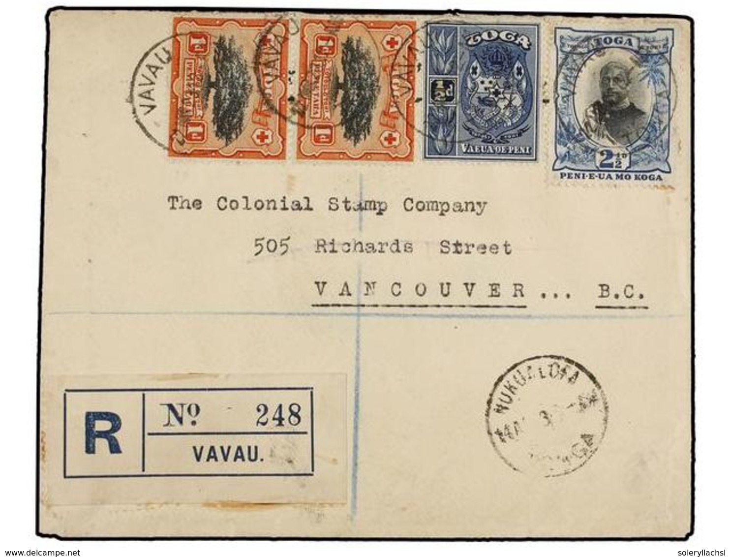 868 TONGA. Sg.38/39, 43. 1923. VAVAU To CANADA. <B>1/2 D.</B>, <B>1 D.</B> (2) And <B>2 1/2 D.</B> Stamps, Arrival Cds O - Andere & Zonder Classificatie