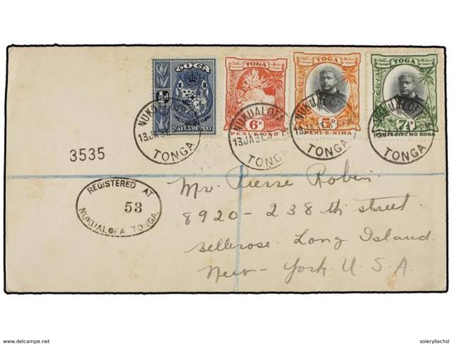 870 TONGA. Sg.38, 46/48. 1931. NUKUALOFA To USA. <B>1/2 D., 5 D., 6 D.</B> And <B>7 1/2 D.</B> Stamps, Arrival Cds On Re - Andere & Zonder Classificatie