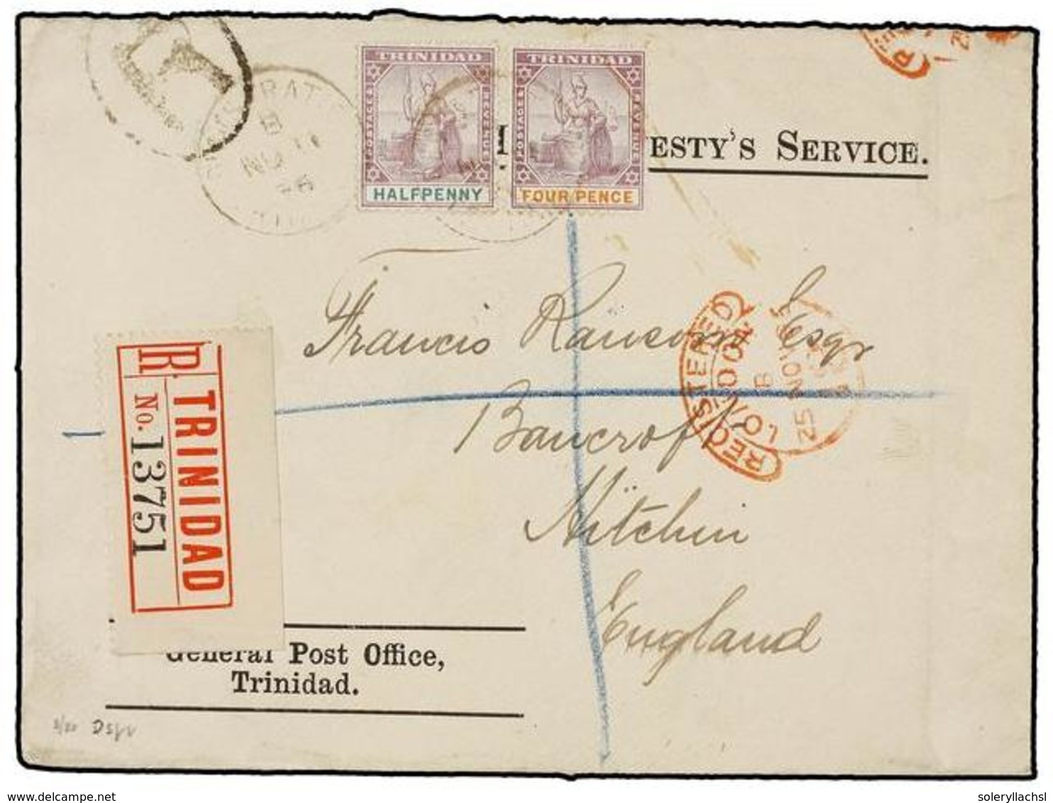 874 TRINIDAD. 1896. TRINIDAD To ENGLAND. <B>1/2 D.</B> And <B>4 D.</B> Send Registered, Arrival On Revese. - Sonstige & Ohne Zuordnung