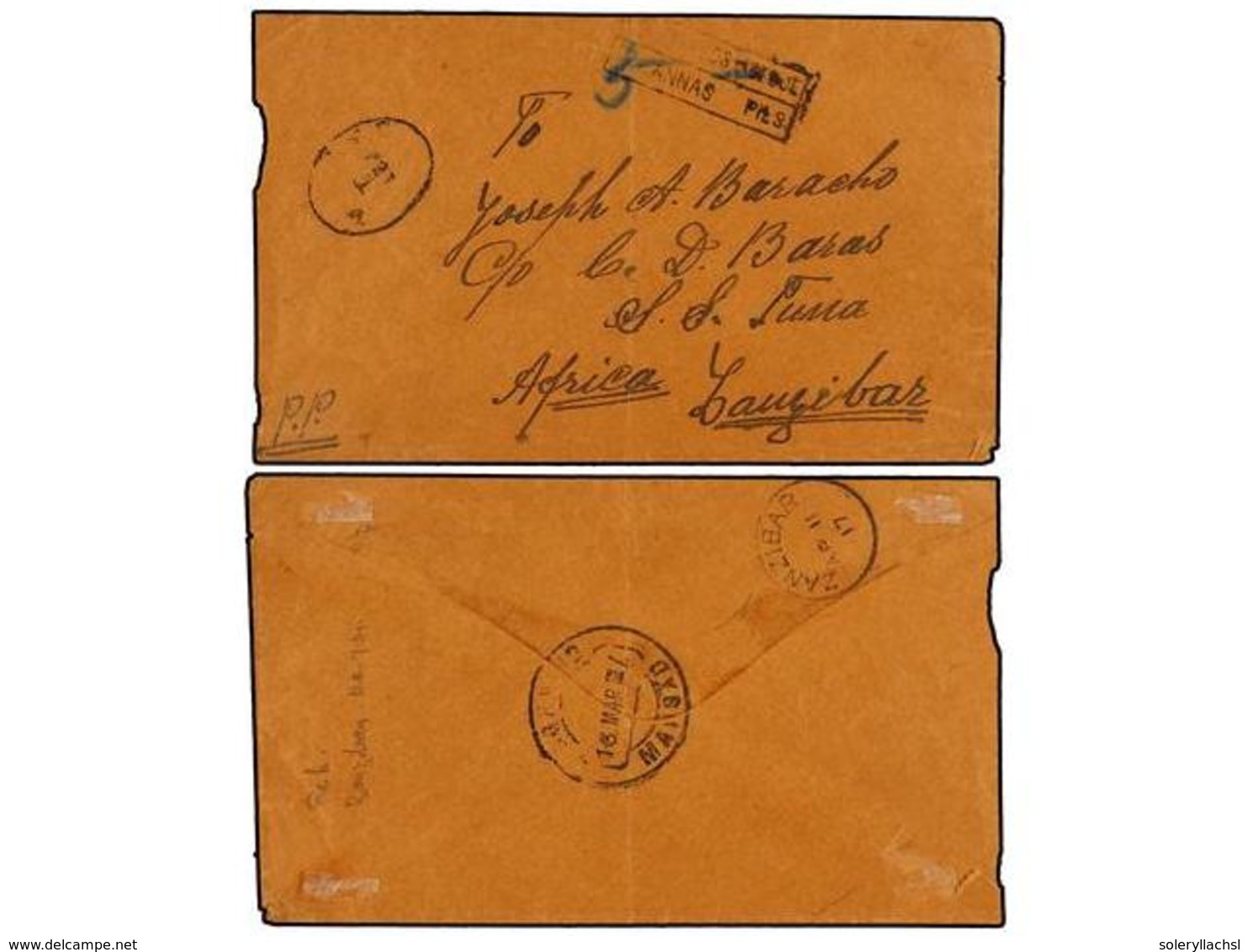 880 ZANZIBAR. 1917. MARGAO (Portuguese India) To ZANZIBAR.<B> </B>Unpaid Cover, Letter Endorsed <B>'P.P'</B> (Postage Pa - Sonstige & Ohne Zuordnung