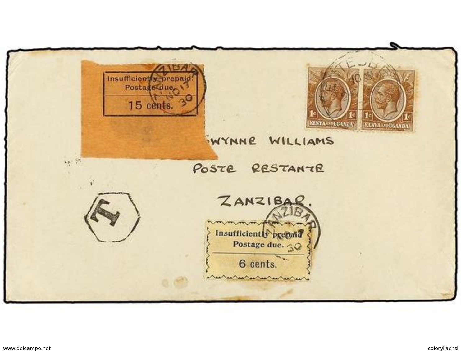 881 ZANZIBAR. Sg.D8, D21. 1930. Underpaid Cover From ENTEBBE Franked By Kenya & Uganda 1922 <B>1c.</B> Brown Pair Struck - Sonstige & Ohne Zuordnung