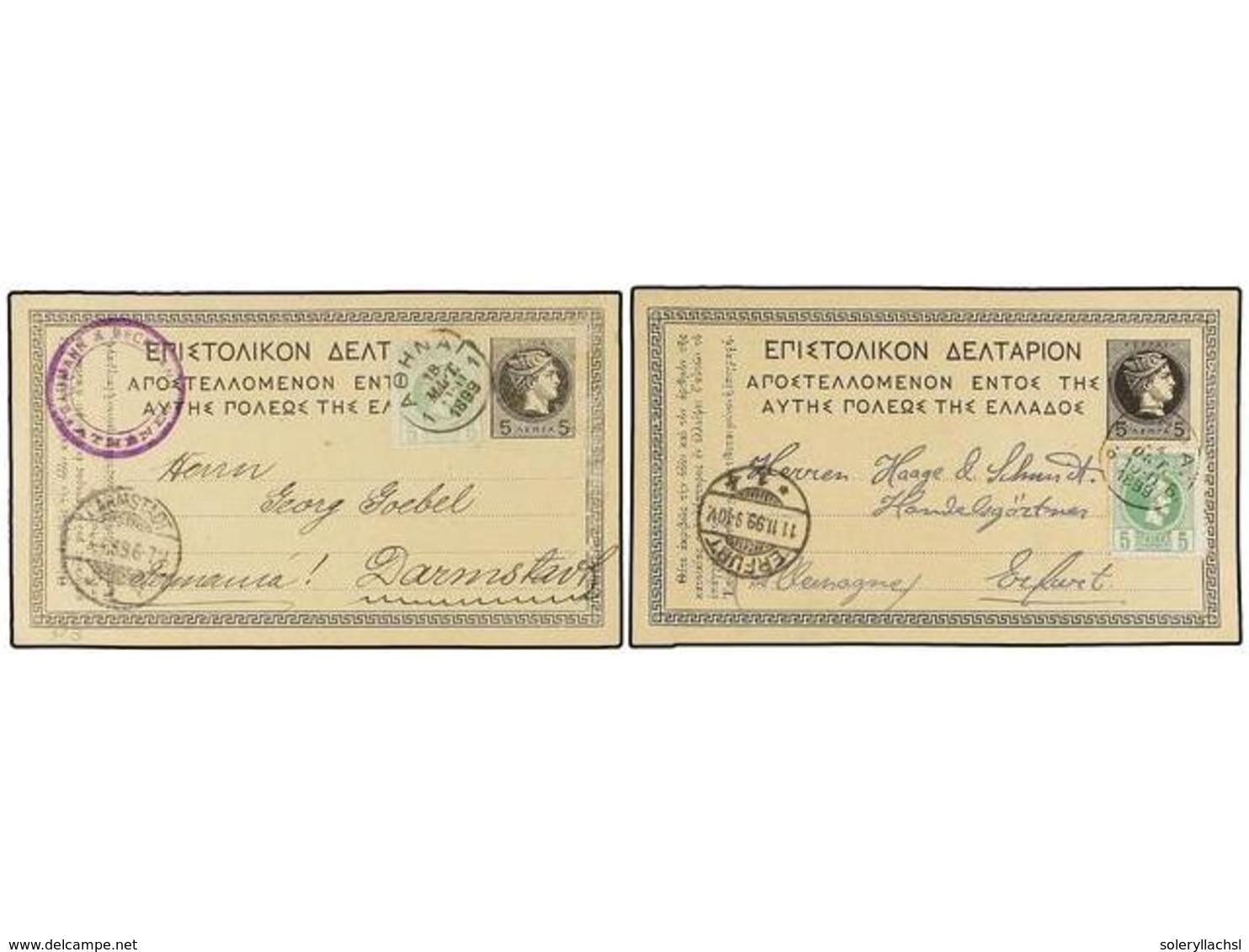 884 GRECIA. 1899. 2 Postal Stationary Cards Of <B>5 L.</B> Black Uprated With <B>5 L.</B> Green Stamp (perf. And Imperf. - Andere & Zonder Classificatie