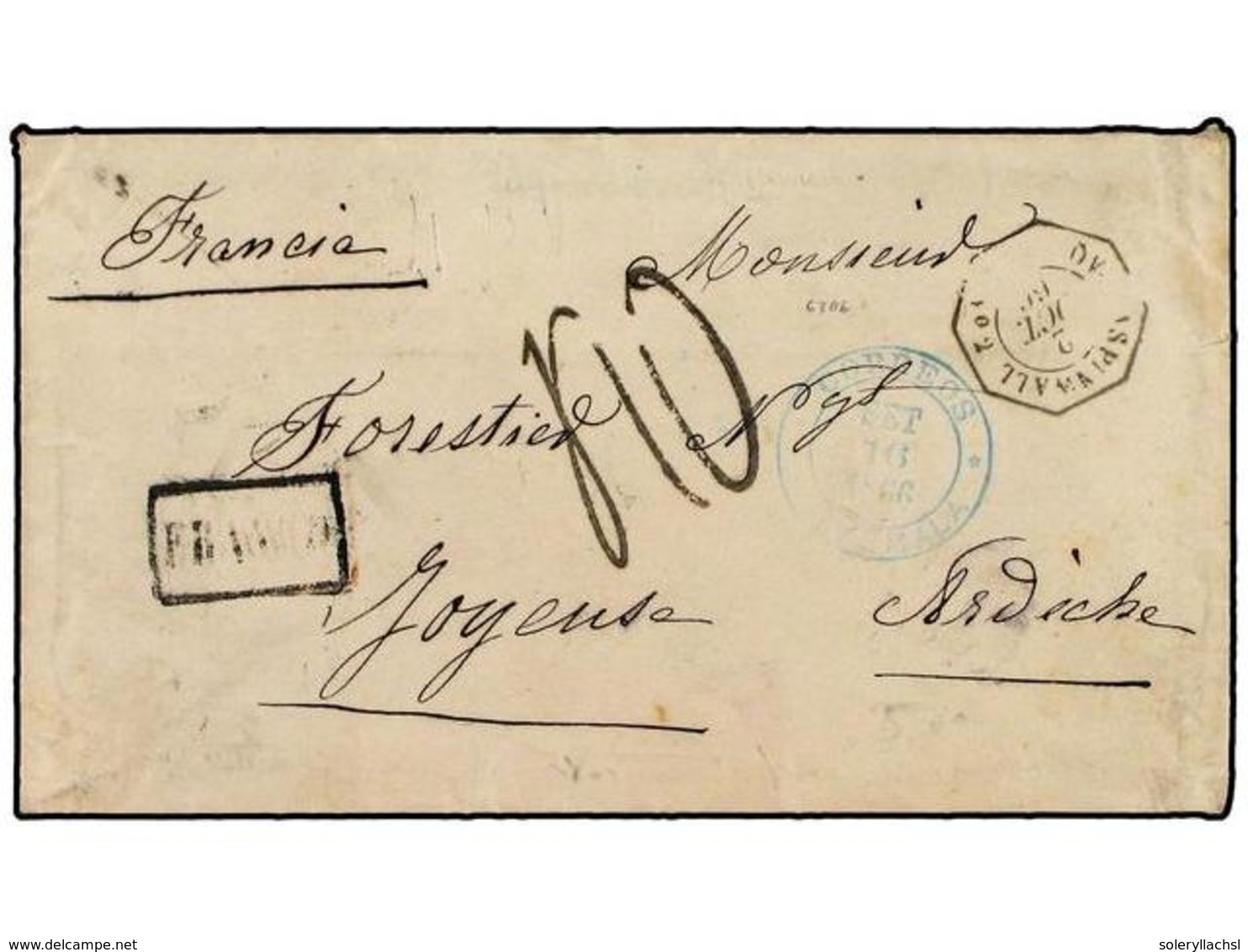 905 GUATEMALA. 1866 (Sept 16). Cover To FRANCE With Blue <B>CORREOS-GUATEMALA</B> Cds Of Despatch And Framed <B>FRANCO</ - Other & Unclassified