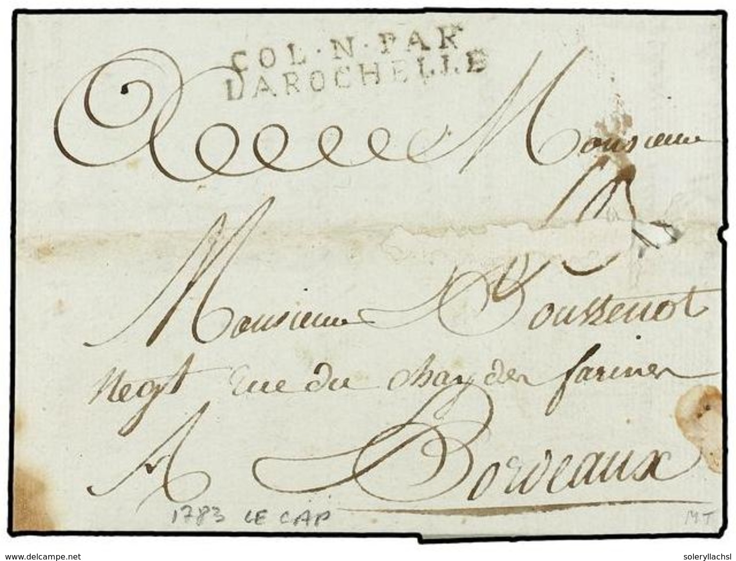 908 HAITI. 1783 (14 Mayo). AU CAP A BORDEAUX. Marca De Entrada <B>COL. N. PAR/LA ROCHELE</B> (Salles 16). Erosiones De P - Other & Unclassified