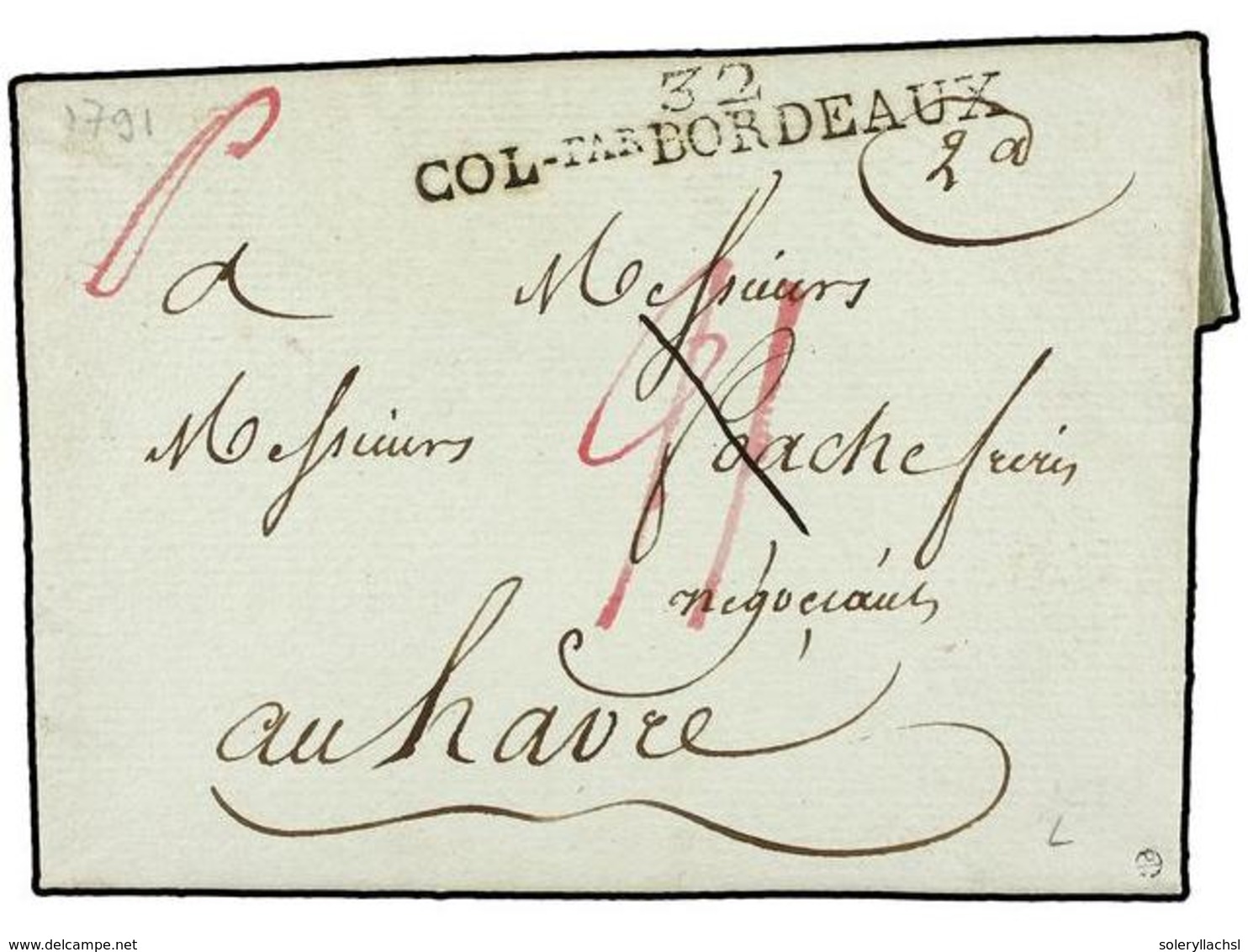 913 HAITI. 1791 (16 Agosto). LE CAP A LE HAVRE. Marca De Entrada <B>32/COL-PAR BORDEAUX</B>. Carta Tasada Con '16' Sous  - Other & Unclassified