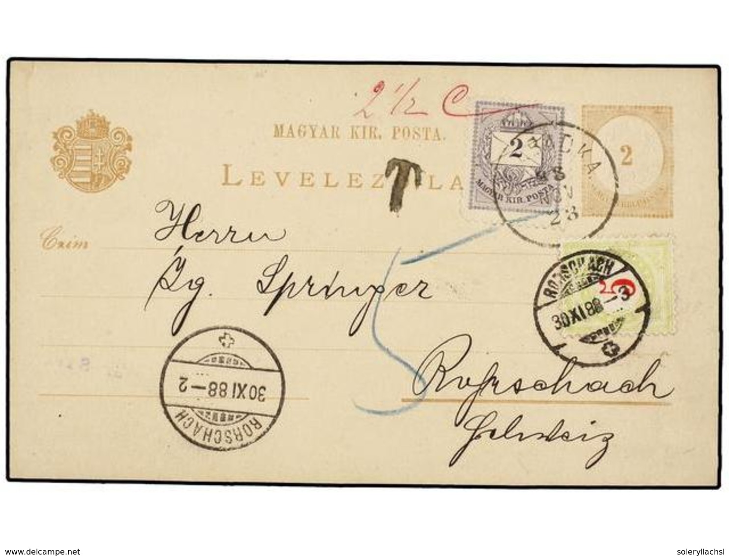 919 HUNGRIA. 1888. ZABADKA To SWITZERLAND. <B>2 Fi.</B> Postal Stationery Card Uprated With <B>2 F.</B> Lilac Stamp, Tax - Sonstige & Ohne Zuordnung