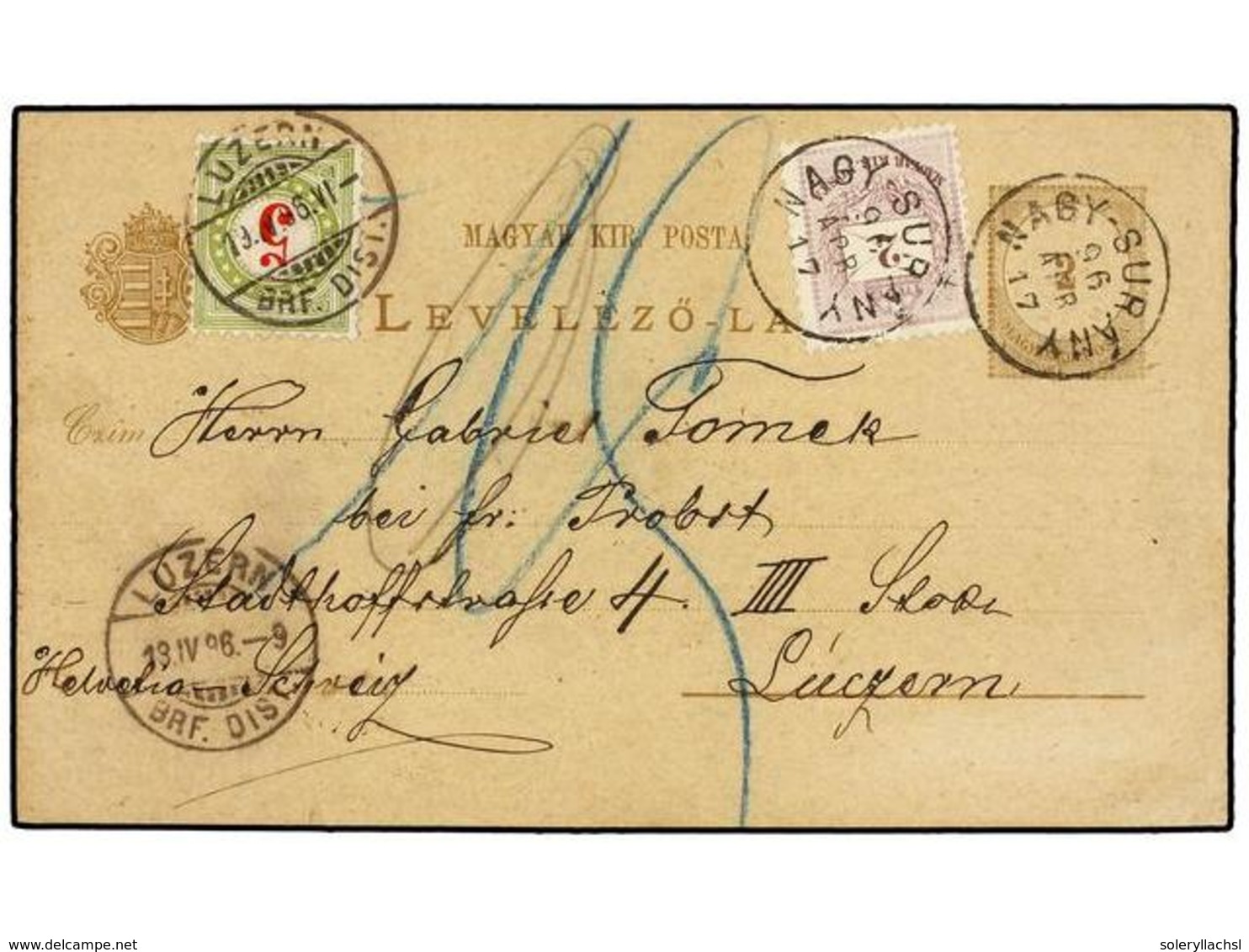 920 HUNGRIA. 1896. NAGY-SURANY To SWITZERLAND.<B> 2 Fi.</B> Postal Stationery Card Uprated With <B>2 Fi.</B> Lilac Stamp - Andere & Zonder Classificatie