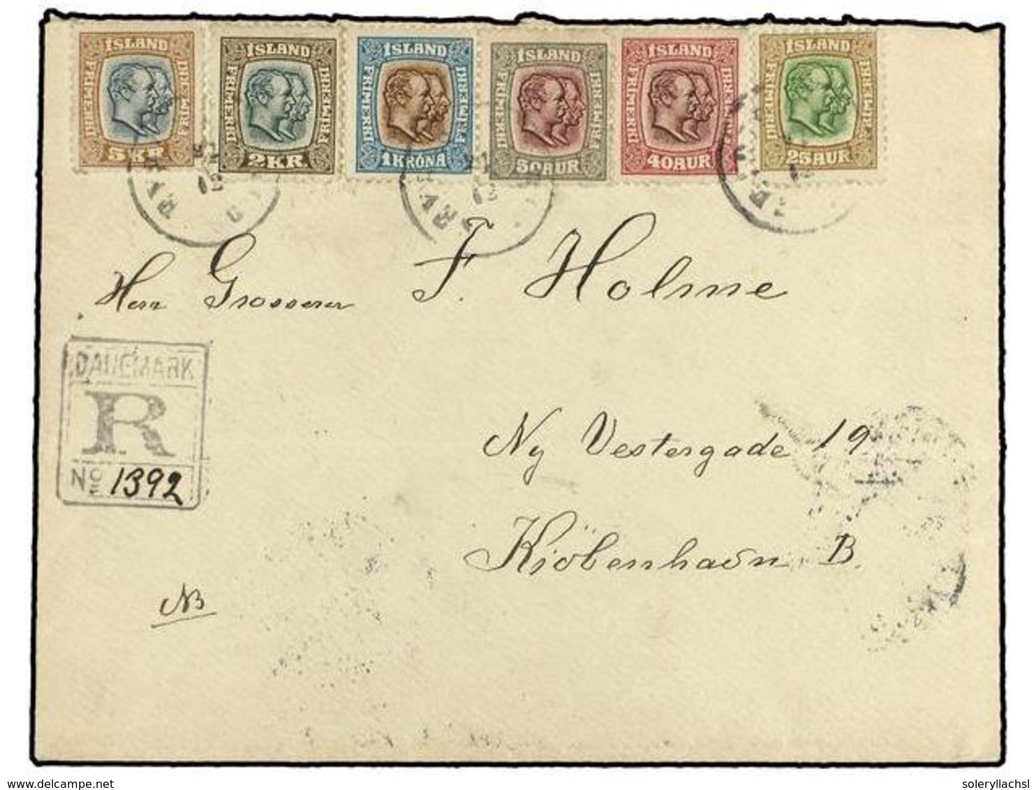 921 ISLANDIA. Sc.80-85. 1908 (Dec 22). Registered Cover To COPENHAGEN Franked By Rare Usage Of 1907-08 <B>25a.</B>, <B>4 - Other & Unclassified