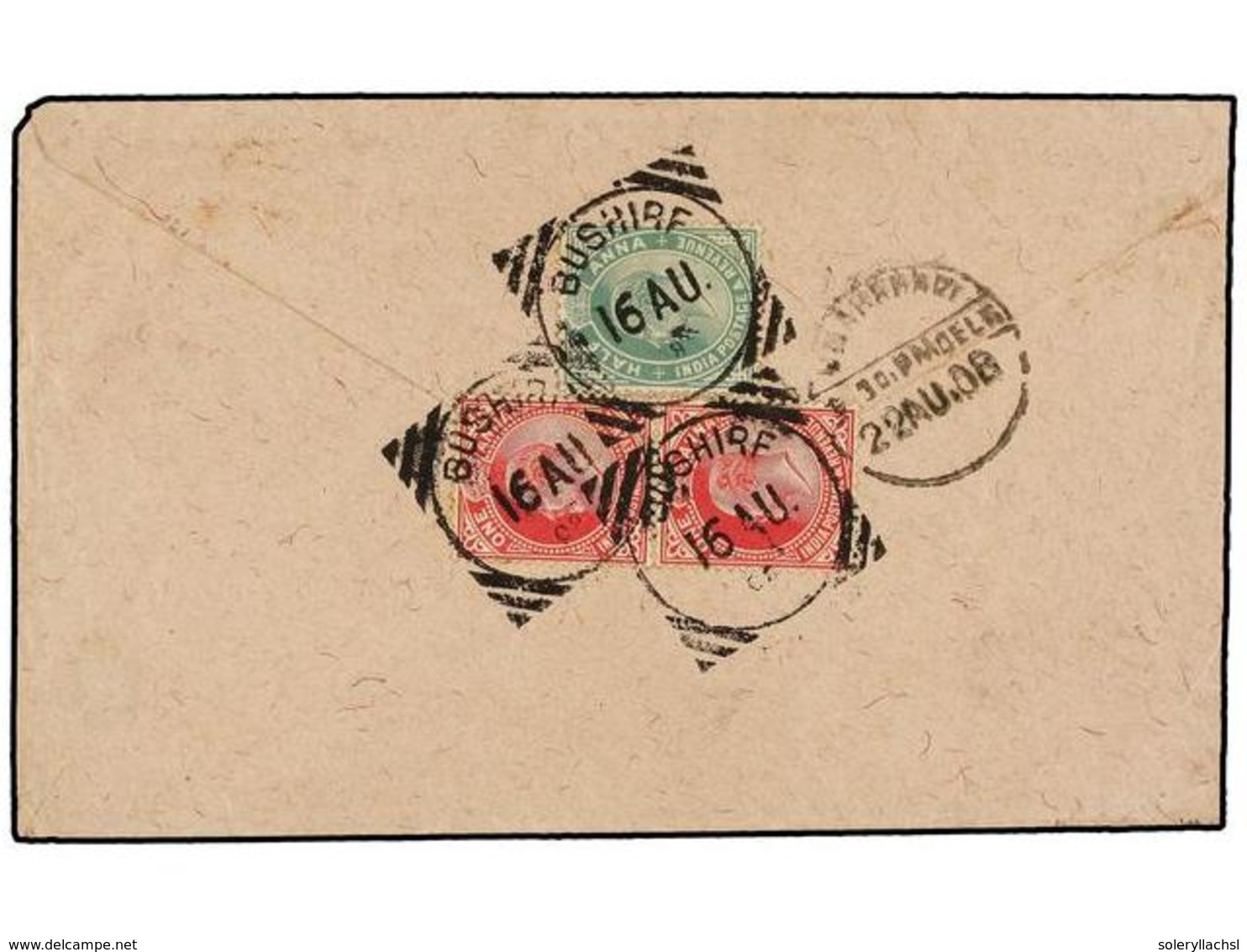 929 IRAN. 1908. BURSHIRE To BOMBAY. Envelope Franked With Indian Stamps <B>1/2 Anna</B> And<B> 1 Anna </B>(2) Tied By<B> - Andere & Zonder Classificatie