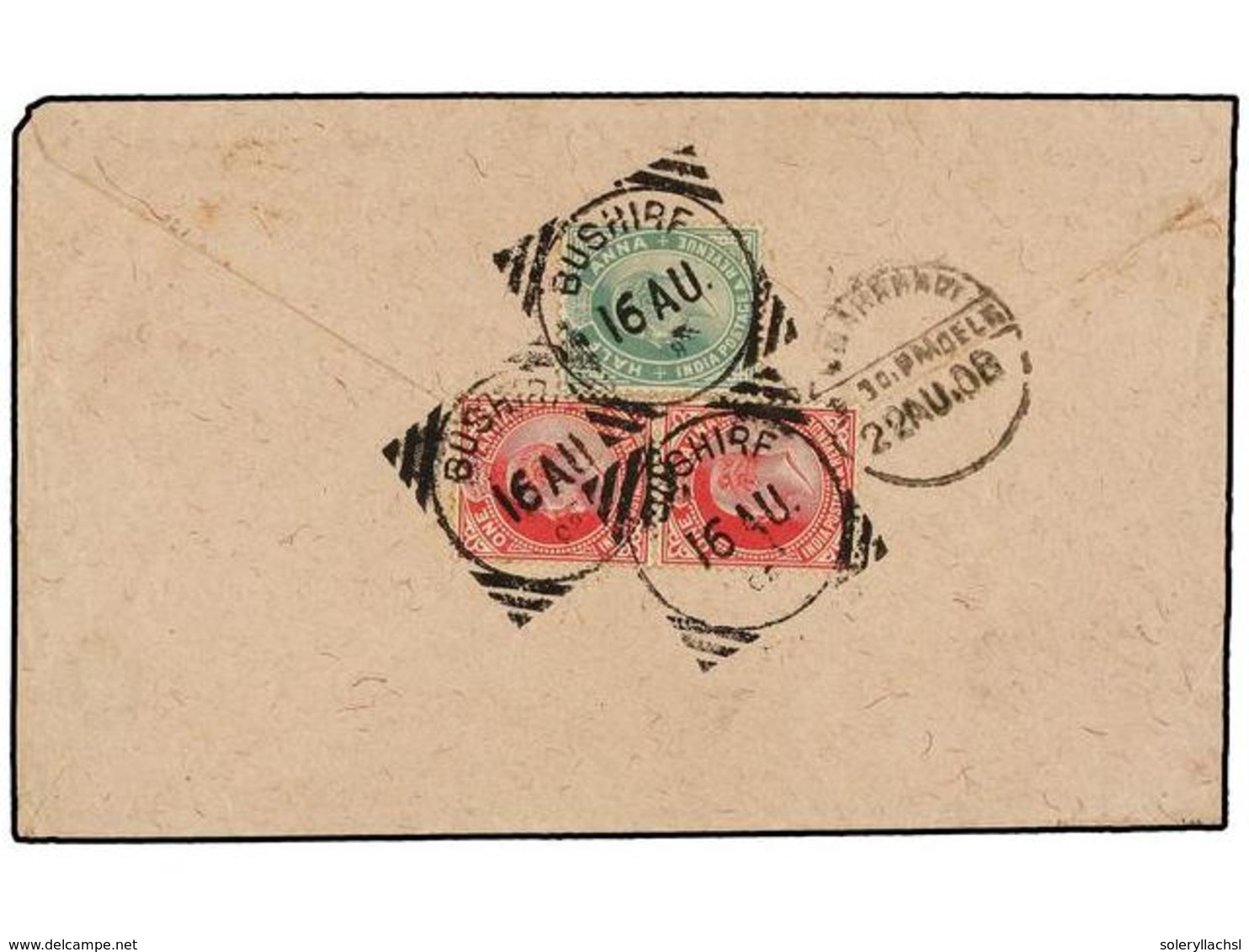 929 IRAN. 1908. BURSHIRE To BOMBAY. Envelope Franked With Indian Stamps <B>1/2 Anna</B> And<B> 1 Anna </B>(2) Tied By<B> - Sonstige & Ohne Zuordnung