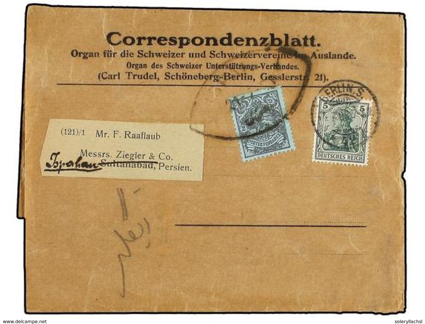 930 IRAN. 1908. Newspaper Wrapper Mailed From BERLIN (a Swiss Newspaper) To SULTANABAD Franked By <B>5pf.</B> Green Tied - Autres & Non Classés