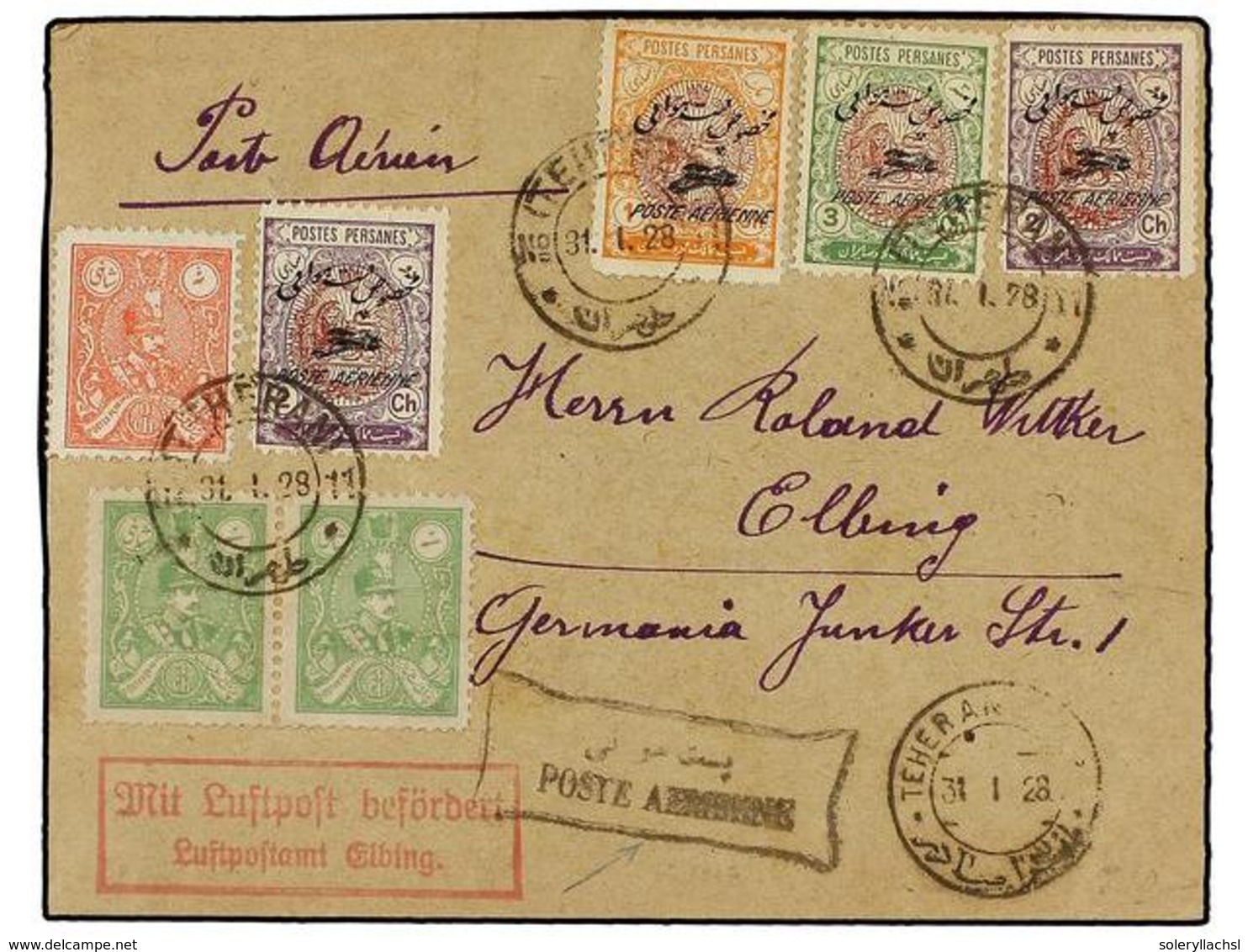 934 IRAN. Mi.536, 538 (2), 544, 545 (2), 546. 1928 (31-I). TEHERAN To GERMANY. <B>AIR MAIL</B> Colourfull Franking. - Autres & Non Classés