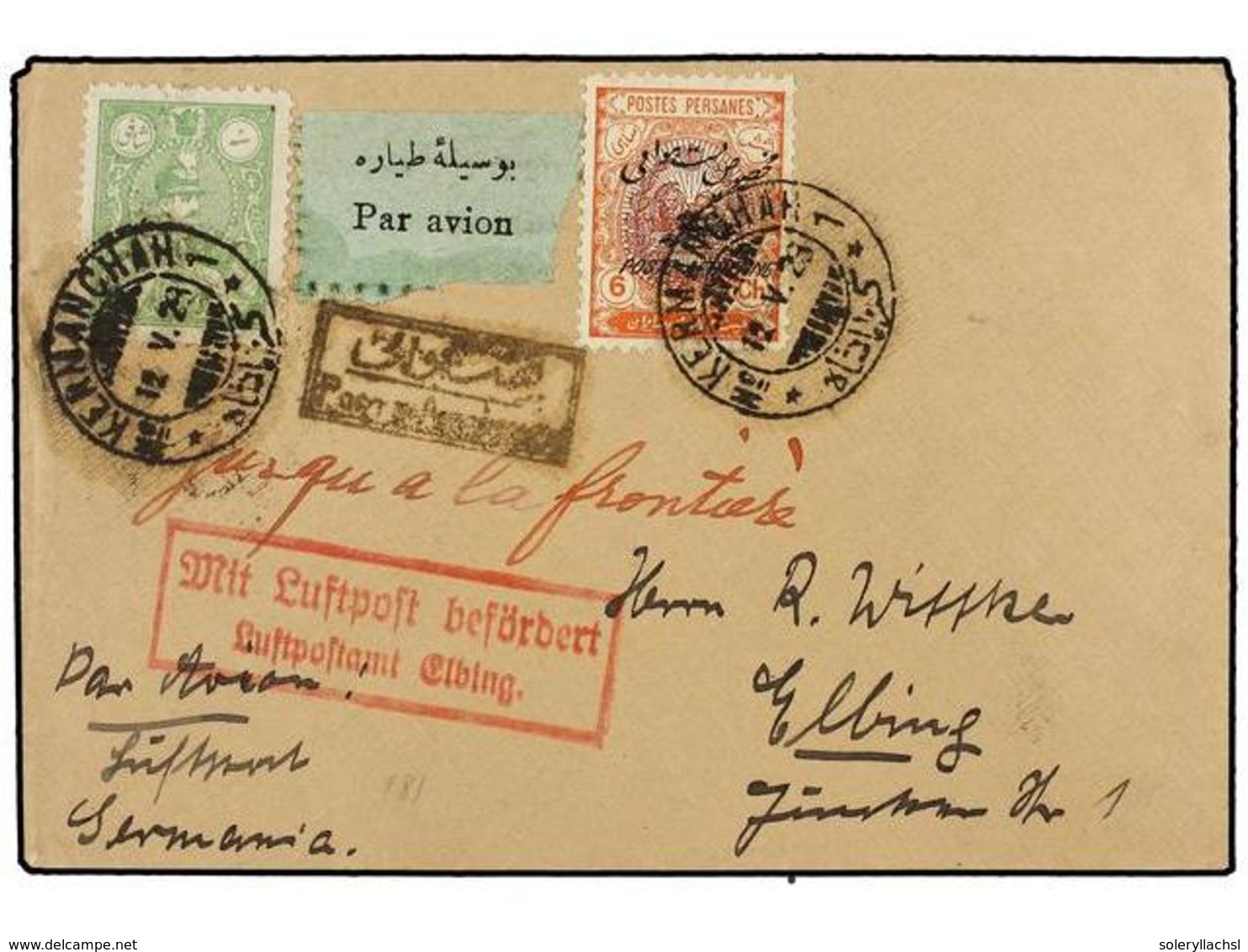 939 IRAN. Mi.539, 547. 1928 (12-V). KERNANCHAN To GERMANY. <B>AIR MAIL</B>. Label And Endorsed 'JUSQU'A LA FRONTIERE'. - Andere & Zonder Classificatie
