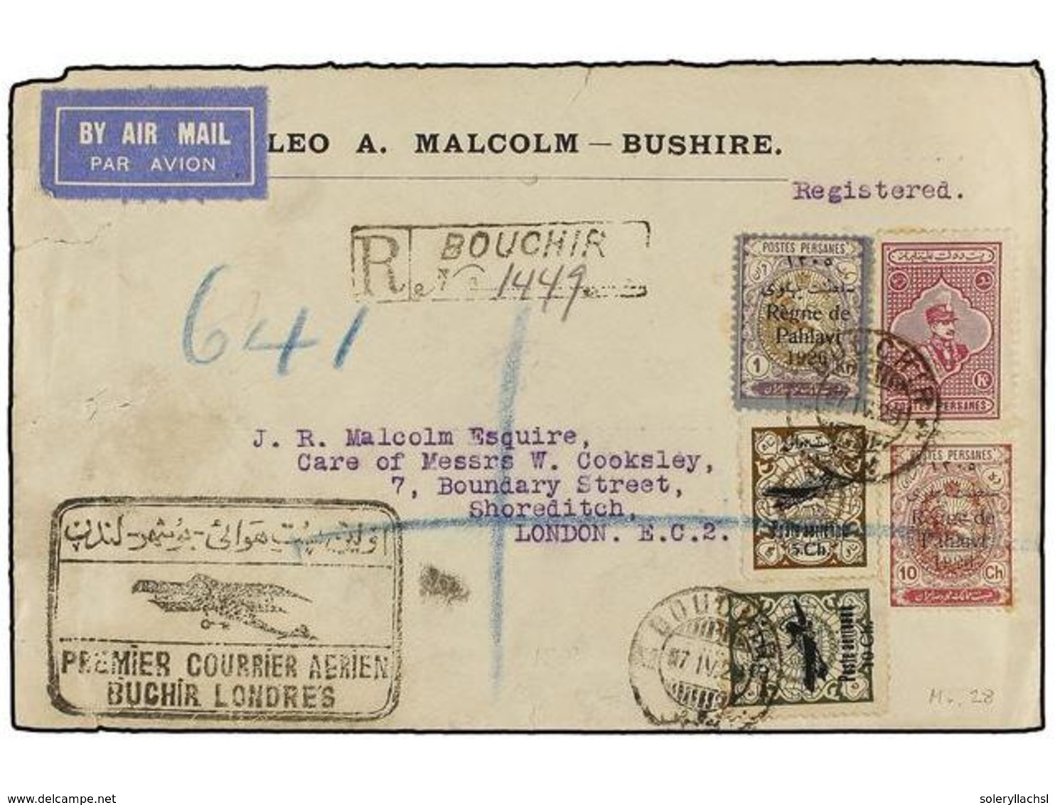 947 IRAN. Mi.543, 523, 525, 572/73. 1929 (7-IV). BUSCHIR To LONDON. <B>AIR MAIL. FIRST FLIGHT</B> (Muller 28). Colourful - Sonstige & Ohne Zuordnung