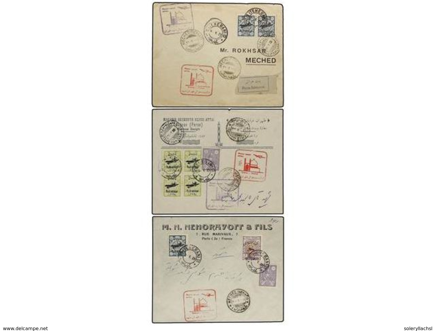 951 IRAN. 1929 (9-V). TEHERAN To MECHED. <B>AIR MAIL. FIRST FLIGHT </B>(Muller 29). Group Of 5 Covers Diverse Frankings. - Sonstige & Ohne Zuordnung
