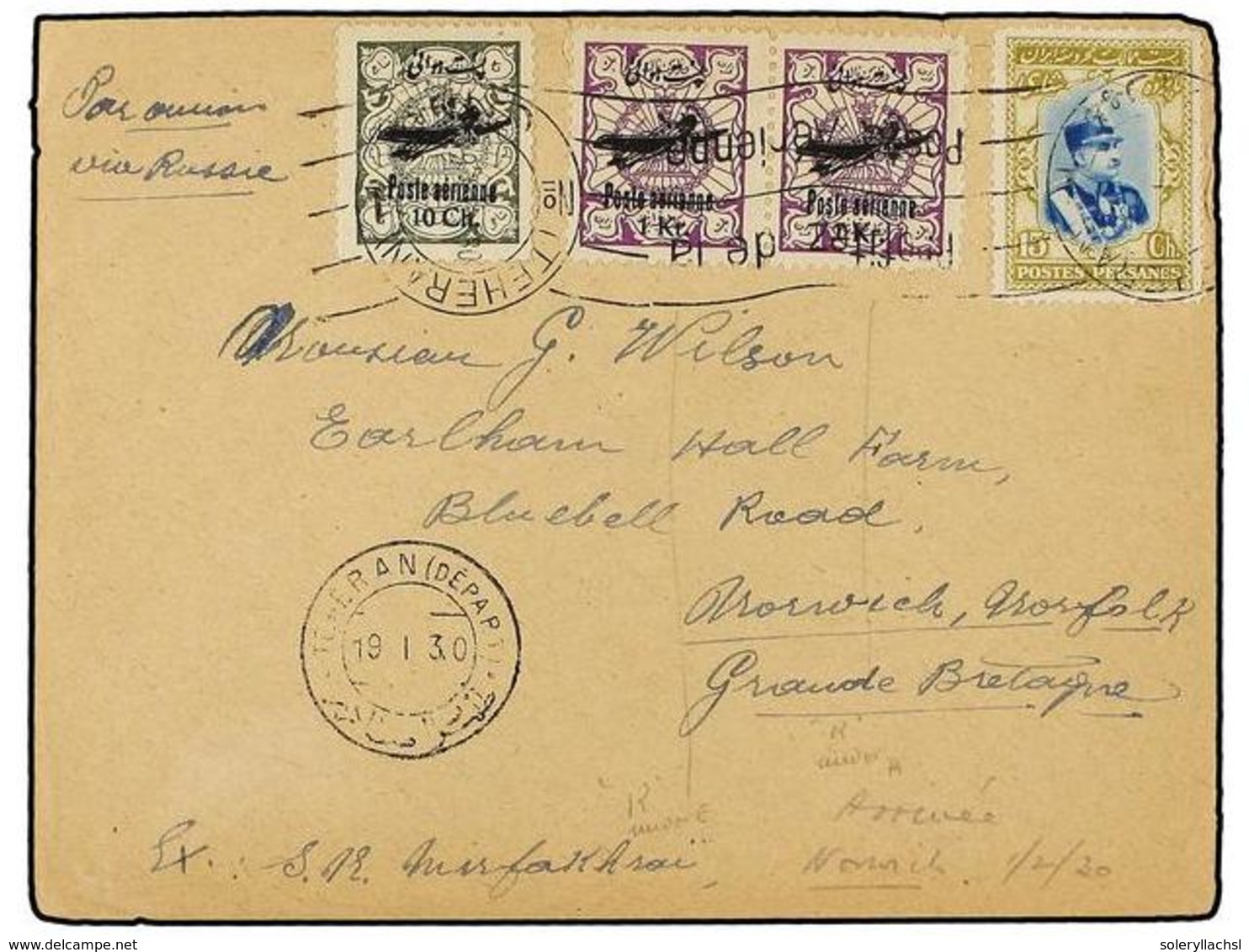 952 IRAN. Mi.573, 574 (2), 588. 1930 (19-I). TEHERAN To GREAT BRIATAIN. <B>AIR MAIL</B> Progaganda Cancellation. - Autres & Non Classés