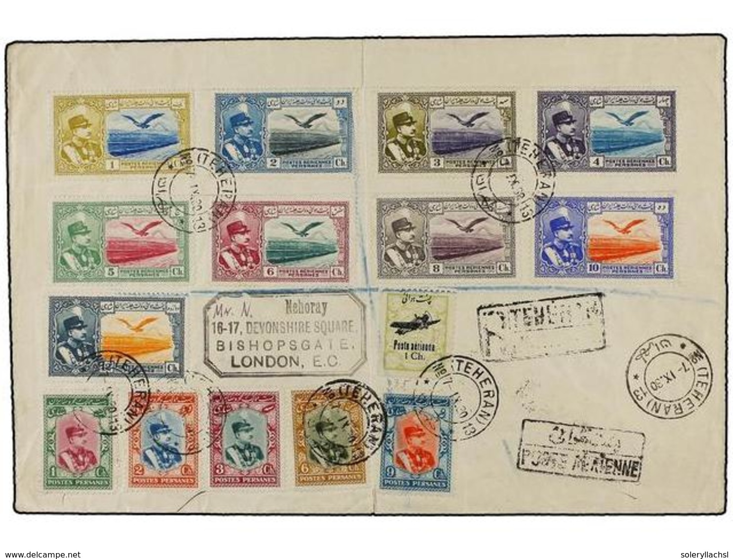 954 IRAN. Mi.569, 581/85, 597/605. 1930 (7-IX). TEHERAN To GREAT BRITAIN. <B>AIR MAIL.</B> Spectacular Bright Franking. - Autres & Non Classés